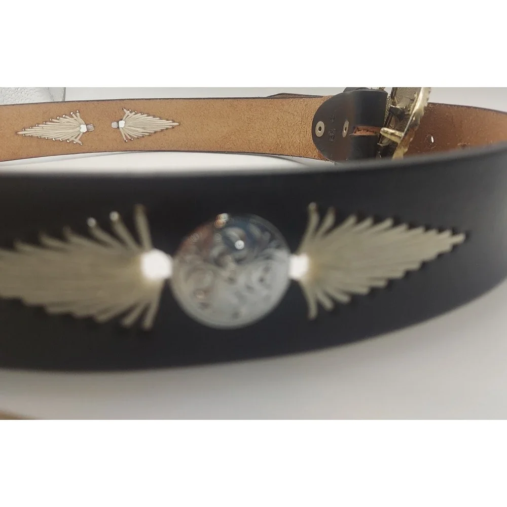 Goldwing Eagle Western Belt Black Leather Silver Gold‎ Tone Mens Size 38